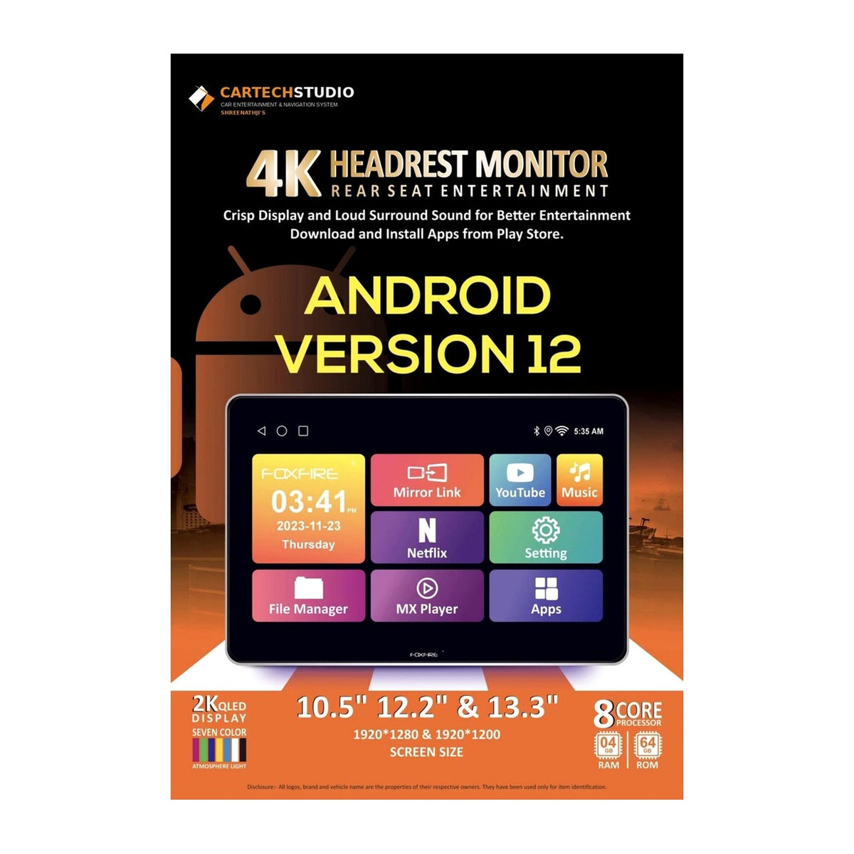 4K Android headrest monitor rear seat entertainment