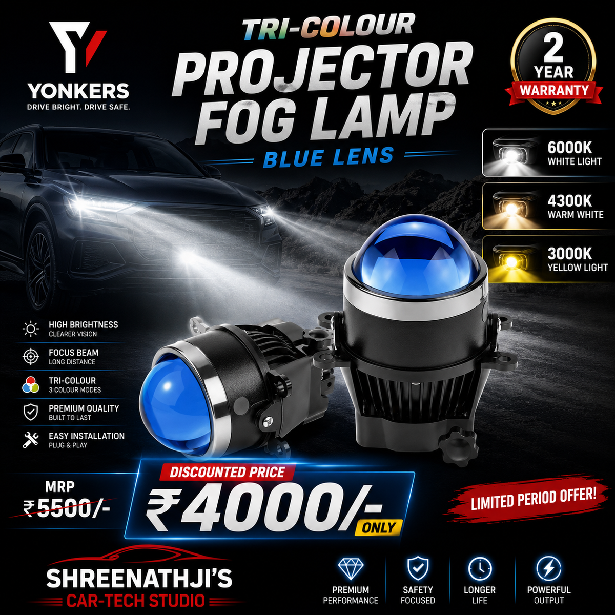 LED Fog Light Projector Kit for Cars - Shreenathji's Car-Tech Studio